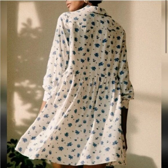 Sezane Aurora Dress White Floral Button-Up Dress blue rose 38 6 tiered short - Picture 2 of 10